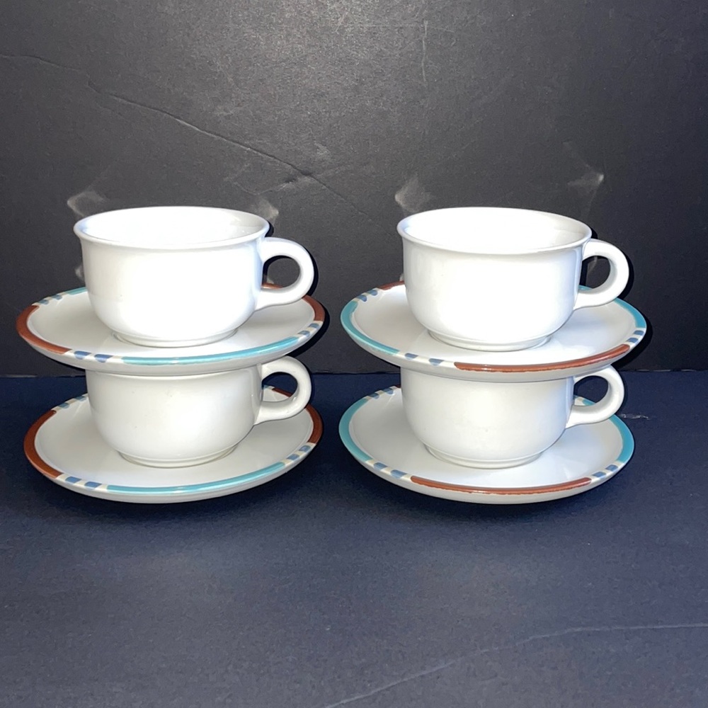 4 Vintage Dansk Mesa White Sand Flat Cup & Saucer Sets Coffee Tea Dinnerware